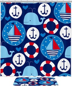 Nautical Shower Curtain featuring Sailing Ships and Whales for a Playful and Fun Bathroom