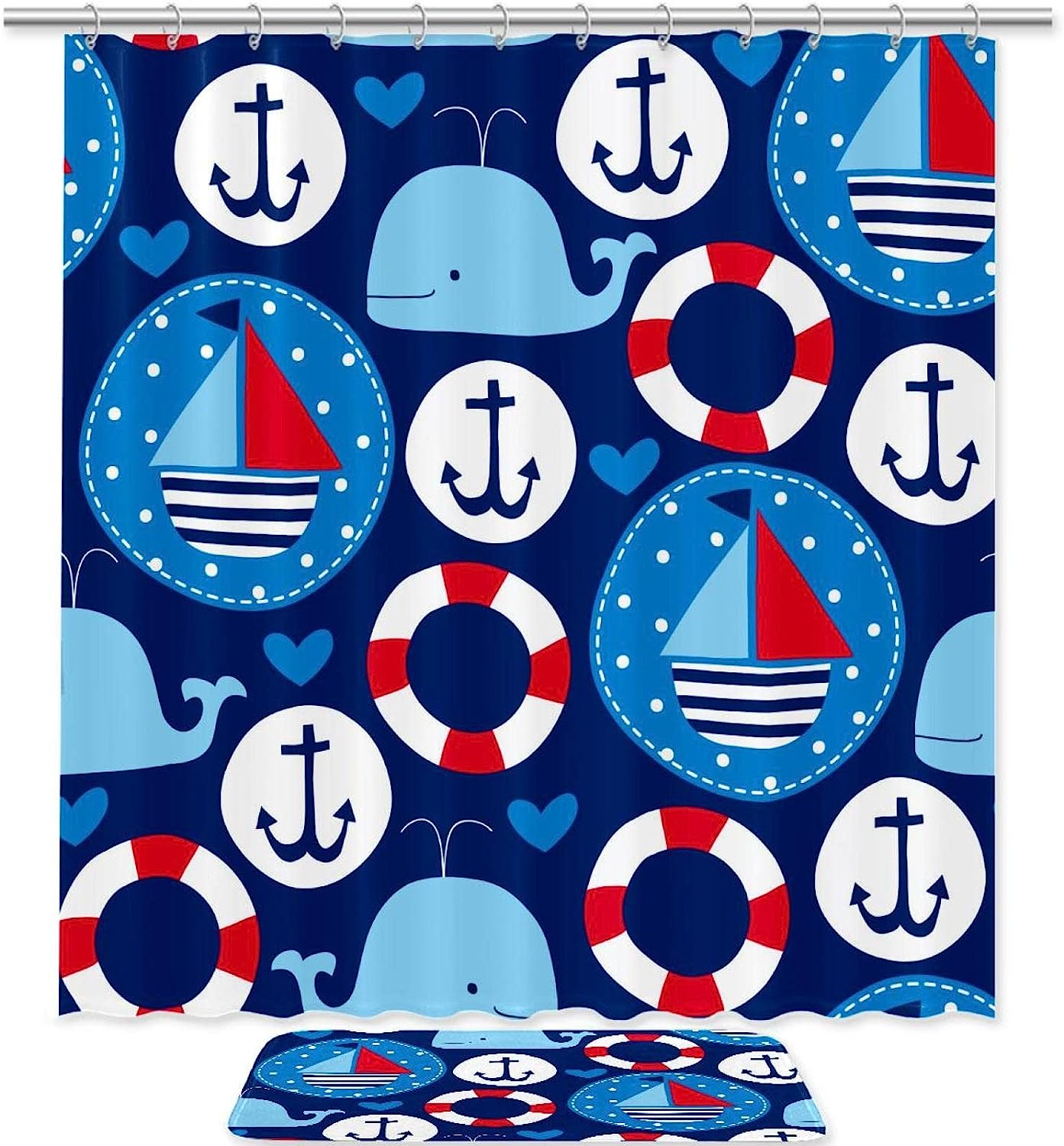 Nautical Shower Curtain featuring Sailing Ships and Whales for a Playful and Fun Bathroom