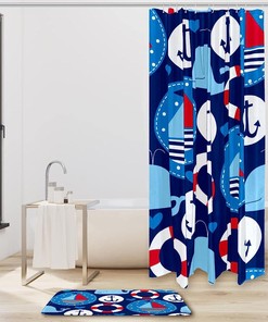 Nautical Shower Curtain featuring Sailing Ships and Whales for a Playful and Fun Bathroom