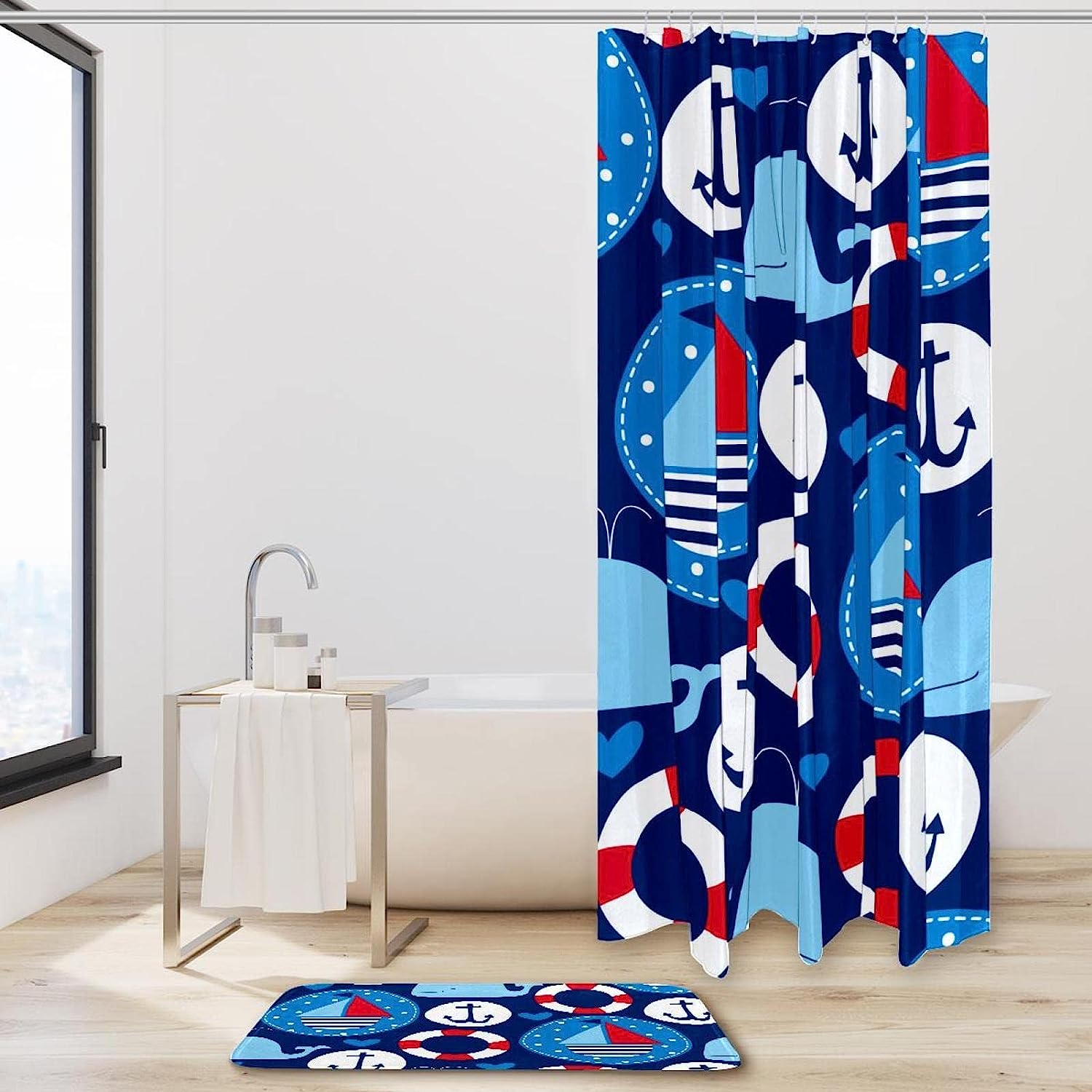 Nautical Shower Curtain featuring Sailing Ships and Whales for a Playful and Fun Bathroom