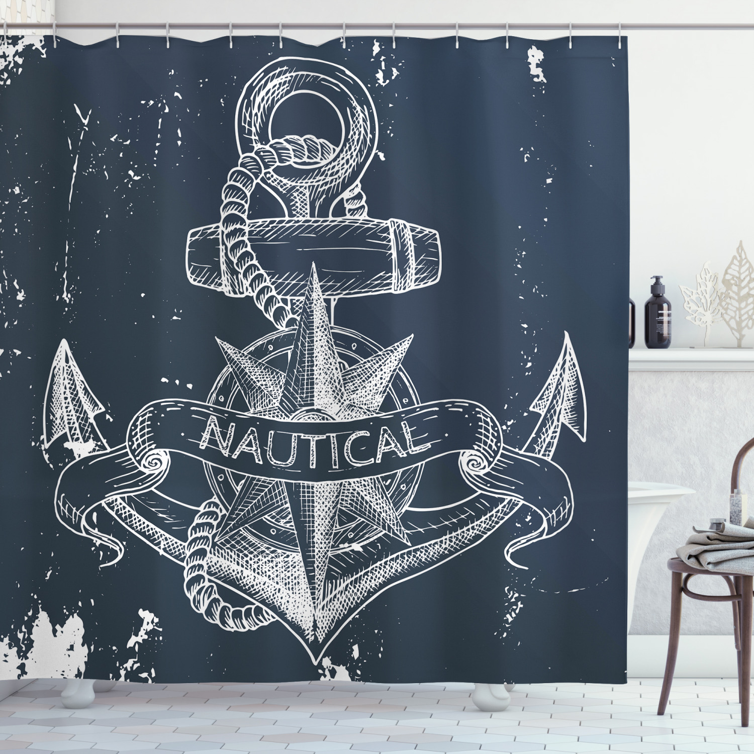 Nautical Shower Curtain with Knot Anchor Compass Print - Perfect Addition to Your Bathroom Decor
