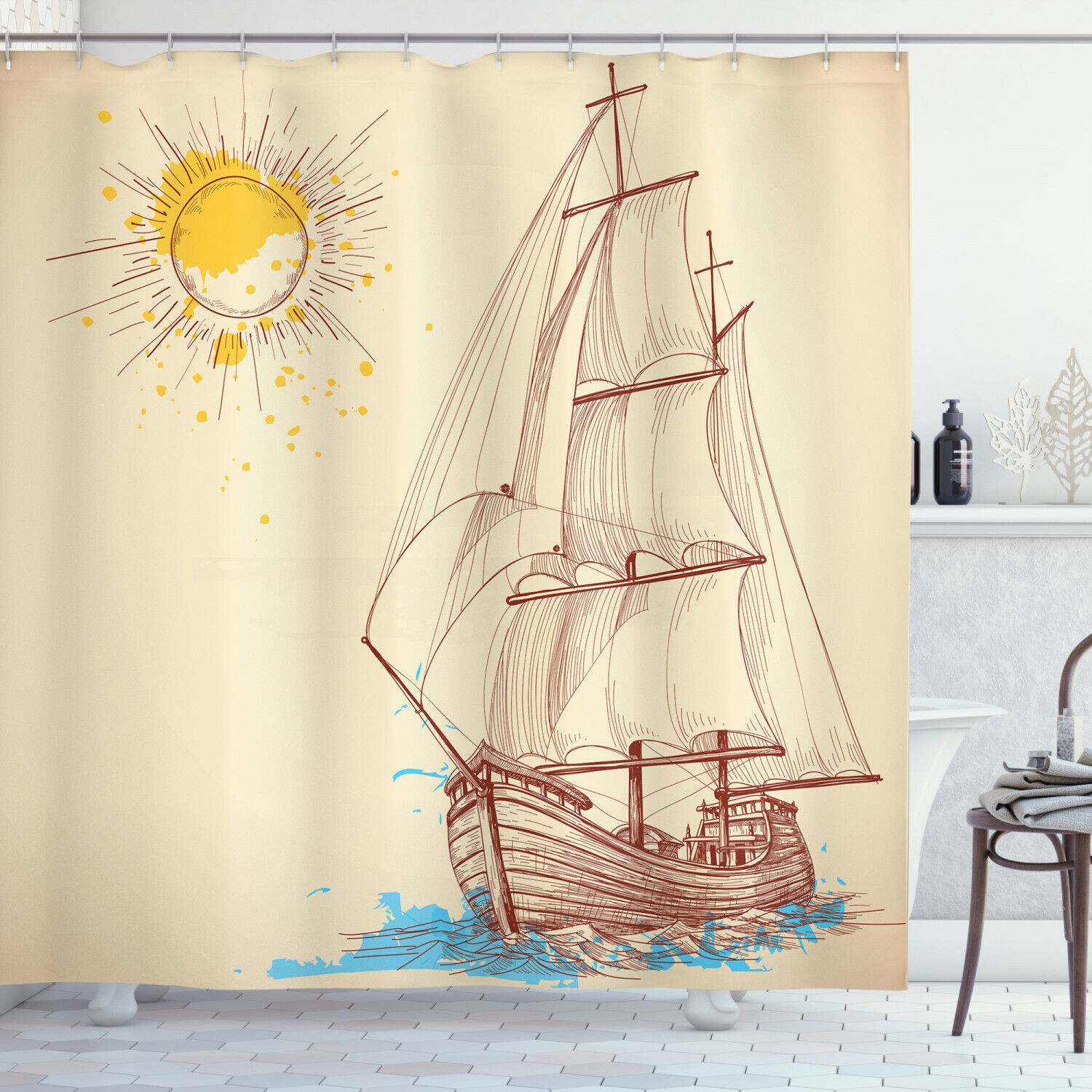 Nautical Shower Curtain with Print of a Boat in a Windy Sea Sun - Add Adventure to Your Bathroom Dcor