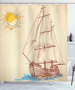Nautical Shower Curtain with Print of a Boat in a Windy Sea Sun - Add Adventure to Your Bathroom Dcor