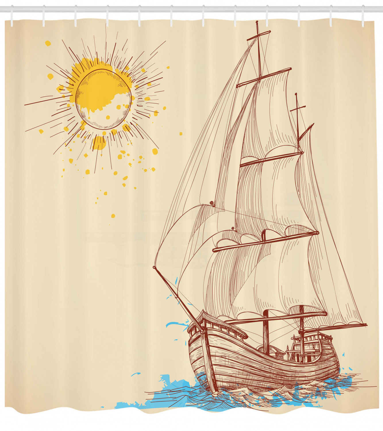 Nautical Shower Curtain with Print of a Boat in a Windy Sea Sun - Add Adventure to Your Bathroom Dcor