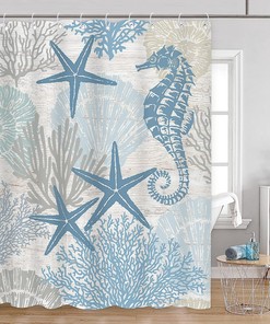 Nautical Starfish Seashell Coral Beach Shower Curtain for a Coastal Bathroom Decor