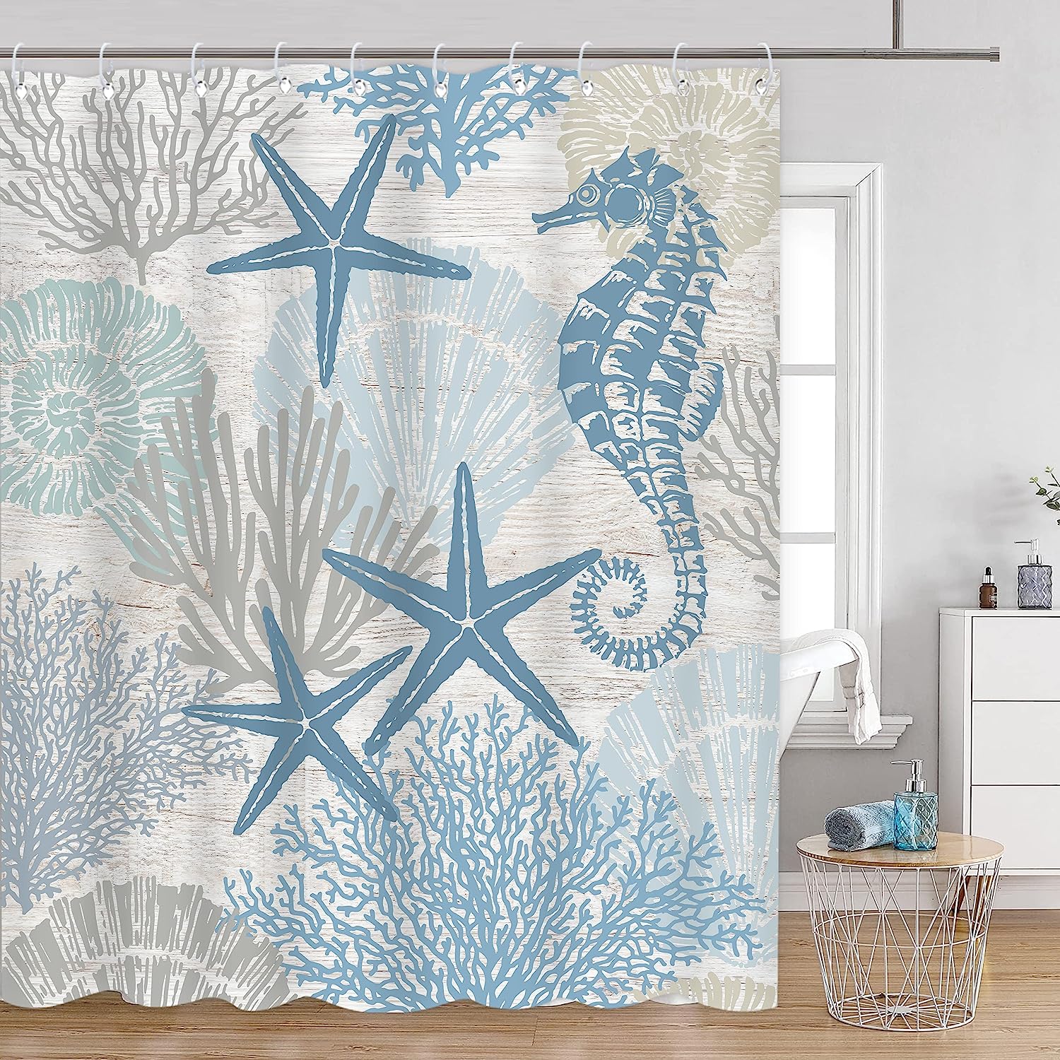 Nautical Starfish Seashell Coral Beach Shower Curtain for a Coastal Bathroom Decor