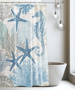 Nautical Starfish Seashell Coral Beach Shower Curtain for a Coastal Bathroom Decor