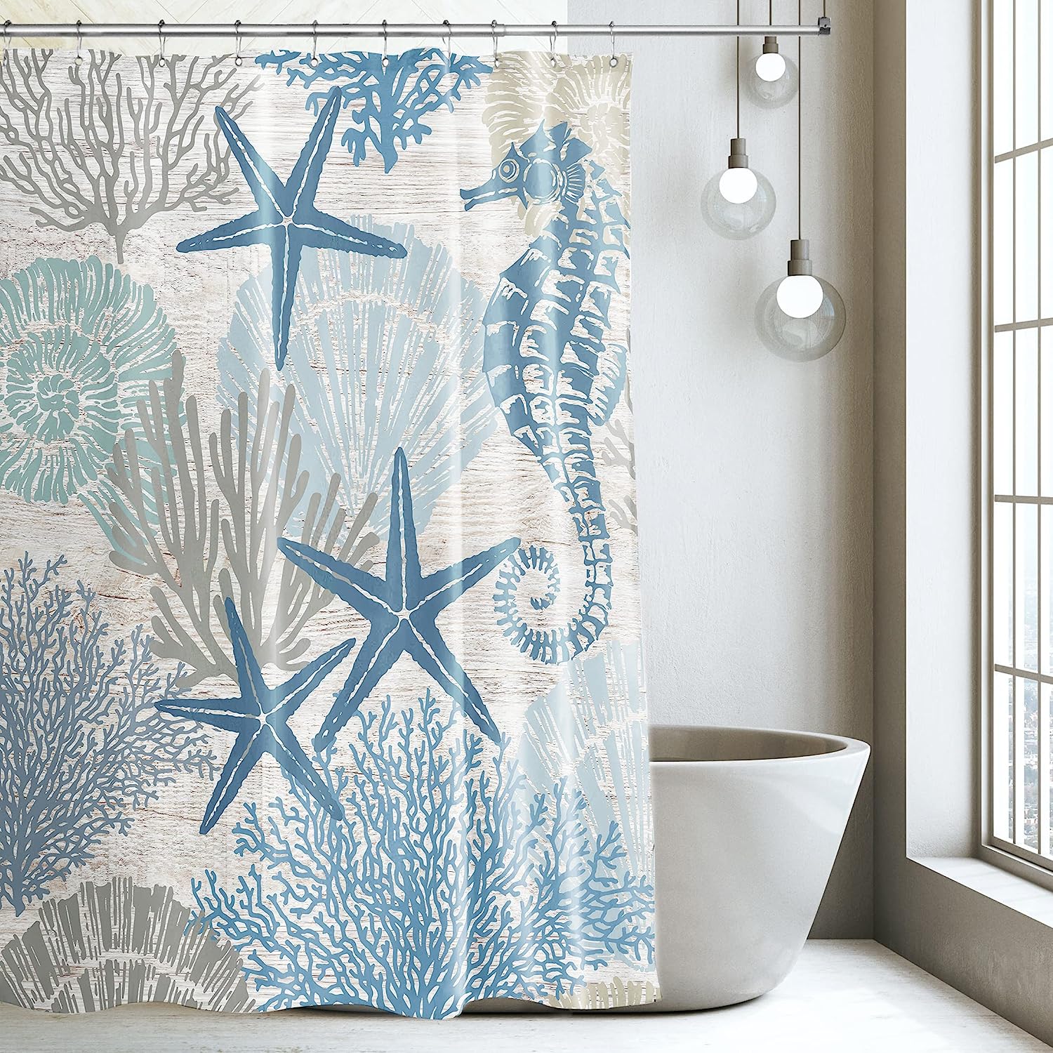Nautical Starfish Seashell Coral Beach Shower Curtain for a Coastal Bathroom Decor