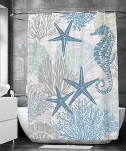 Nautical Starfish Seashell Coral Beach Shower Curtain for a Coastal Bathroom Decor