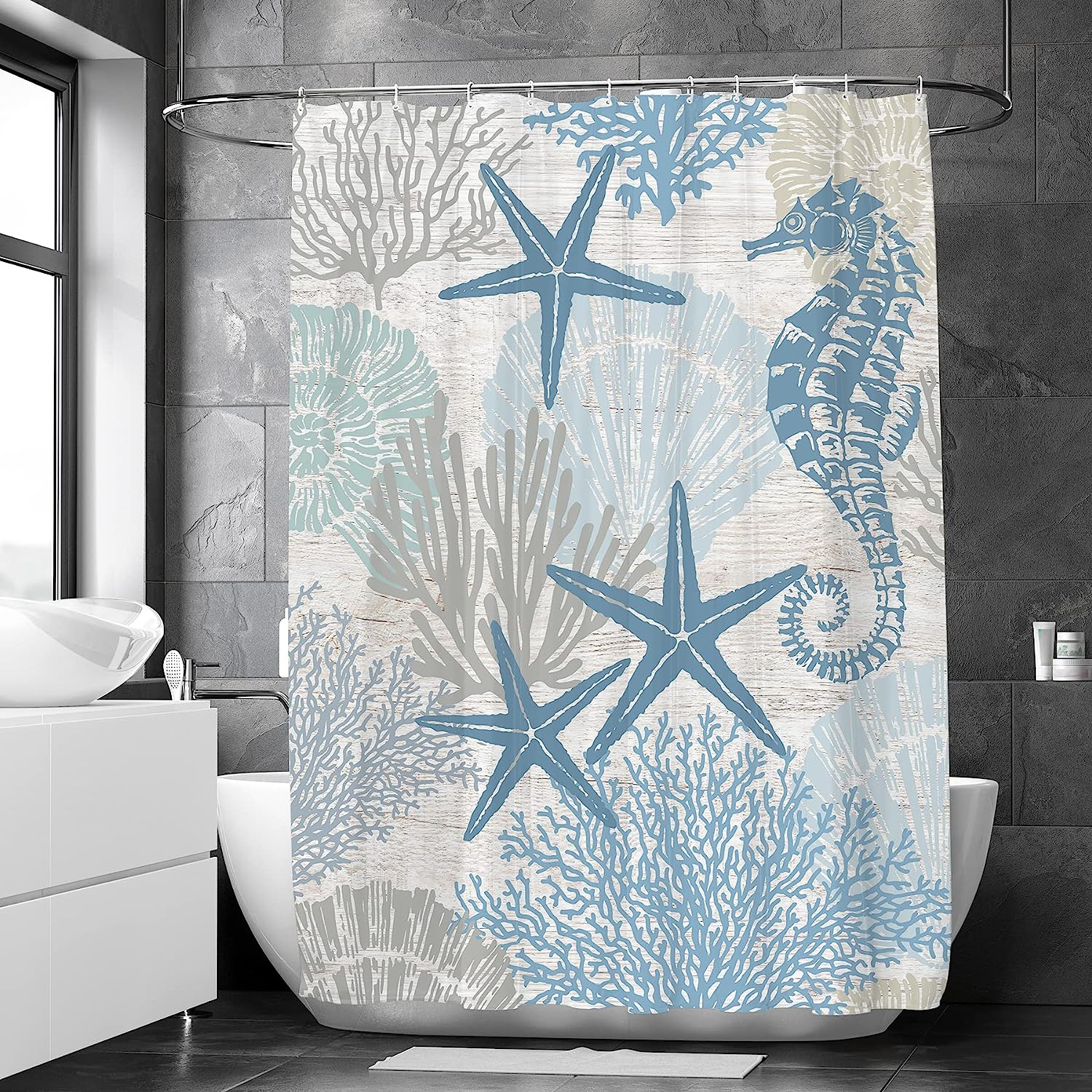 Nautical Starfish Seashell Coral Beach Shower Curtain for a Coastal Bathroom Decor