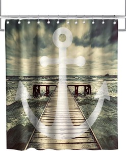 Nautical Stripe Trestle Theme Anchor Beach Shower Curtain Fabric Bathroom Waterproof Washable Decor
