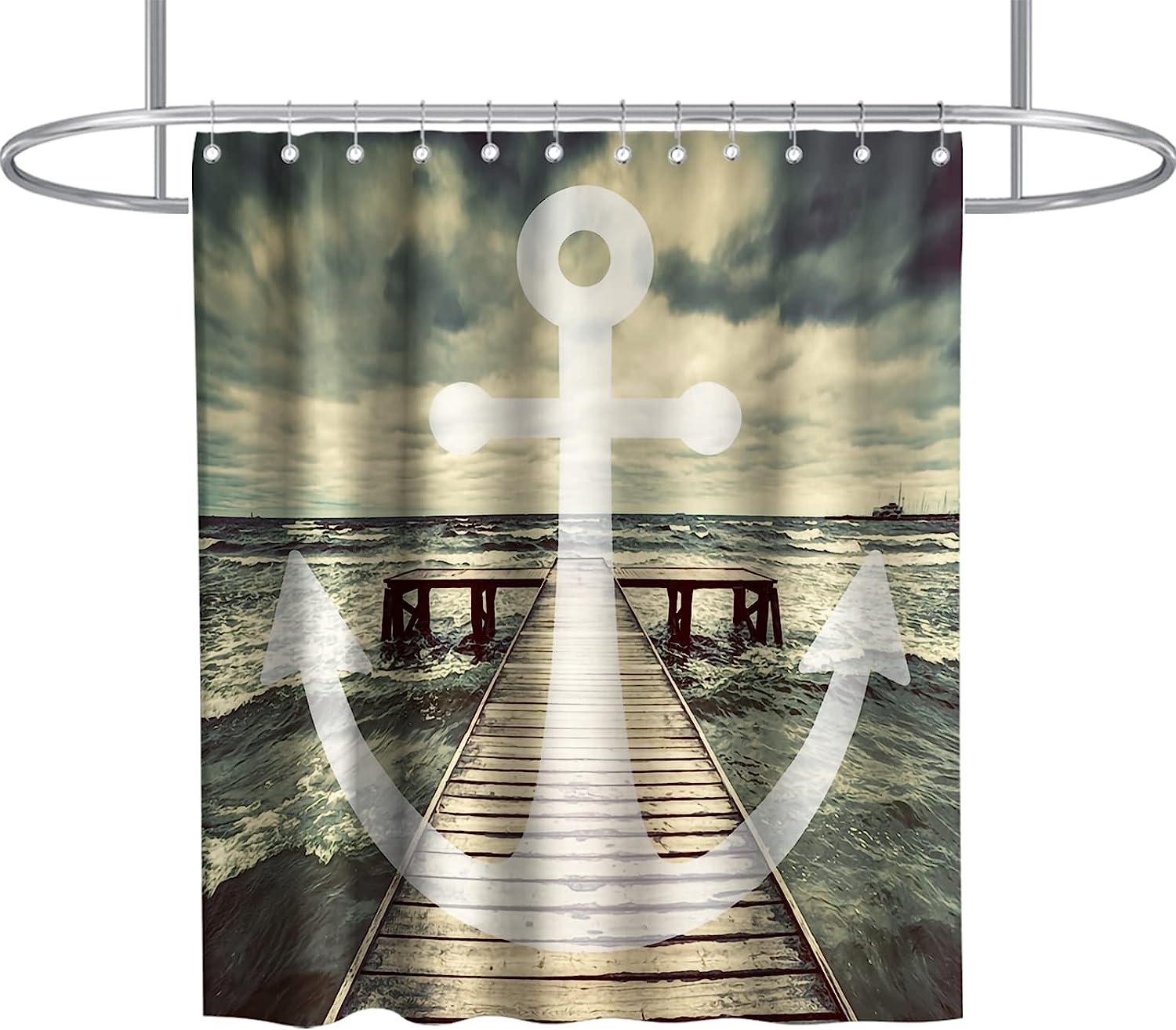 Nautical Stripe Trestle Theme Anchor Beach Shower Curtain Fabric Bathroom Waterproof Washable Decor