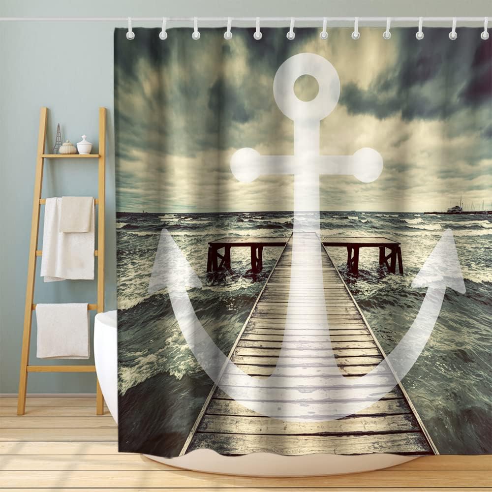 Nautical Stripe Trestle Theme Anchor Beach Shower Curtain Fabric Bathroom Waterproof Washable Decor - Image 2