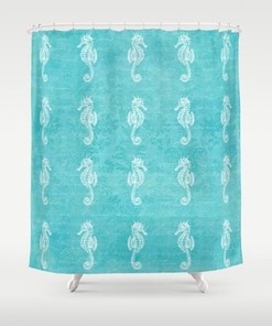 Nautical Teal and Turquoise Seahorses Fabric Shower Curtain for Aqua Home Decor