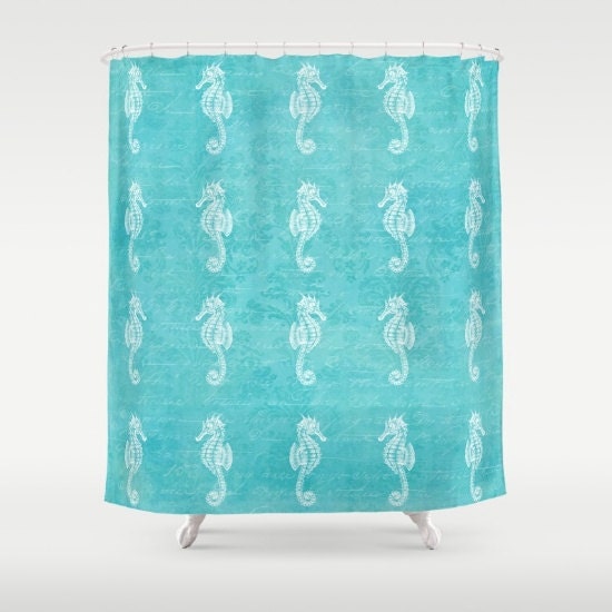 Nautical Teal and Turquoise Seahorses Fabric Shower Curtain for Aqua Home Decor