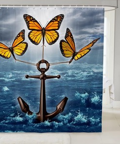 Nautical Theme Ocean Yellow Butterfly Anchor Shower Curtain for Boy Girls Teens Room Decor