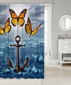 Nautical Theme Ocean Yellow Butterfly Anchor Shower Curtain for Boy Girls Teens Room Decor
