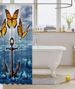 Nautical Theme Ocean Yellow Butterfly Anchor Shower Curtain for Boy Girls Teens Room Decor
