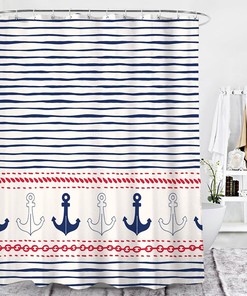 Nautical Themed Blue Anchor Shower Curtain With Boat And Ocean Design For Home Bathroom Decor And Accessories