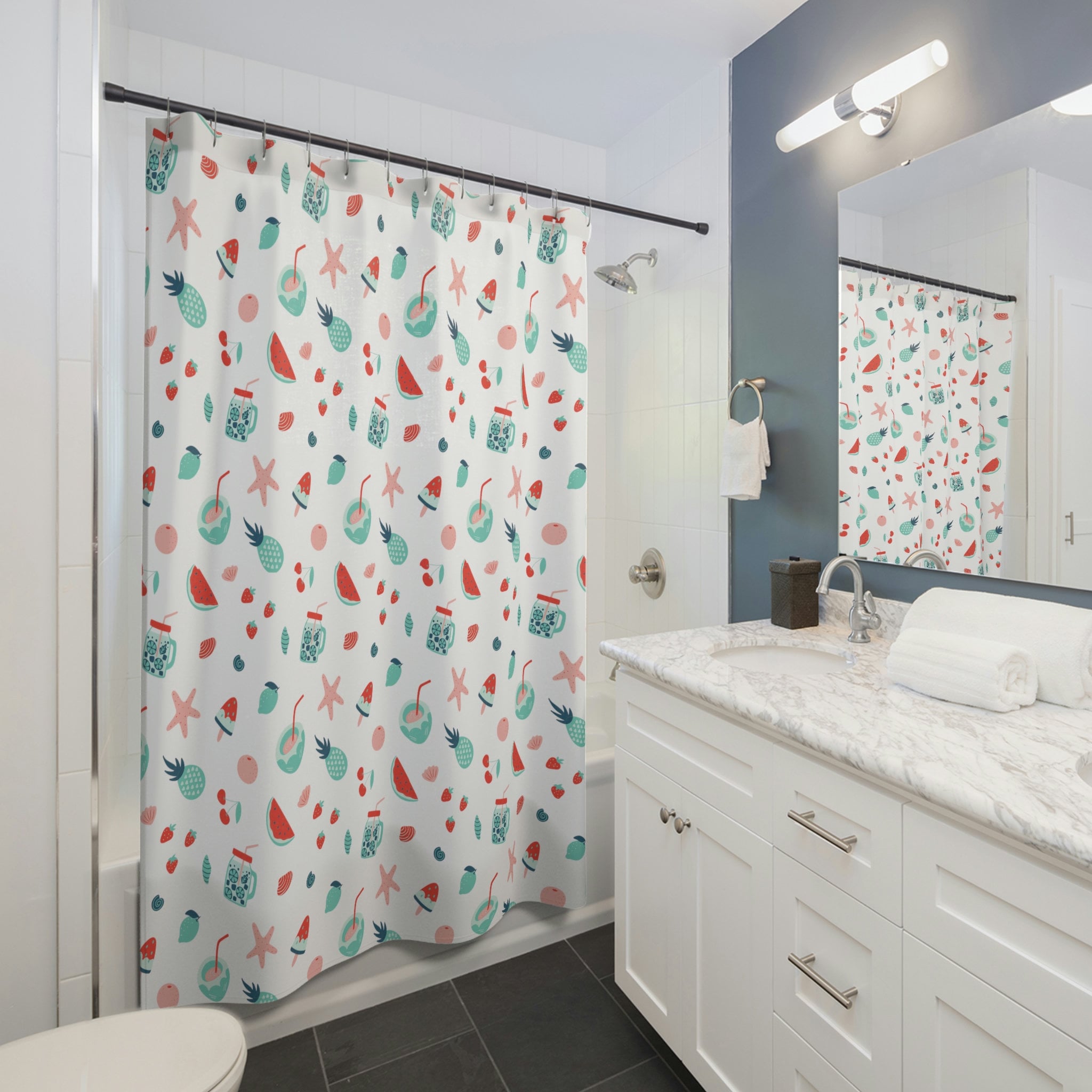Nautical Themed Kids Shower Curtain With Beach And Sea Shell Print For A Fun Bathroom Upgrade