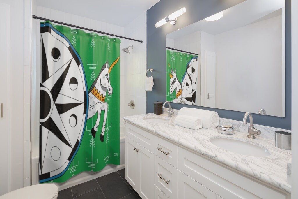 Nautical Unicorn Kids Bathroom Shower Curtain With Modern Fabric And Green Color - Image 2