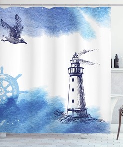 Nautical Watercolor Lighthouse Shower Curtain | Gull Anchor Tower Theme | Cloth Fabric Bathroom Decor (Blue White)