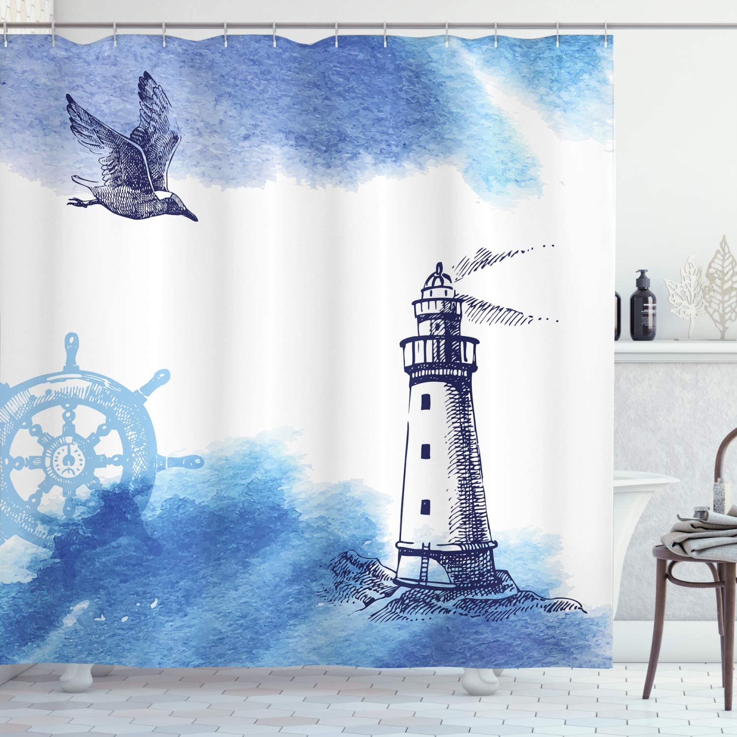 Nautical Watercolor Lighthouse Shower Curtain | Gull Anchor Tower Theme | Cloth Fabric Bathroom Decor (Blue White)