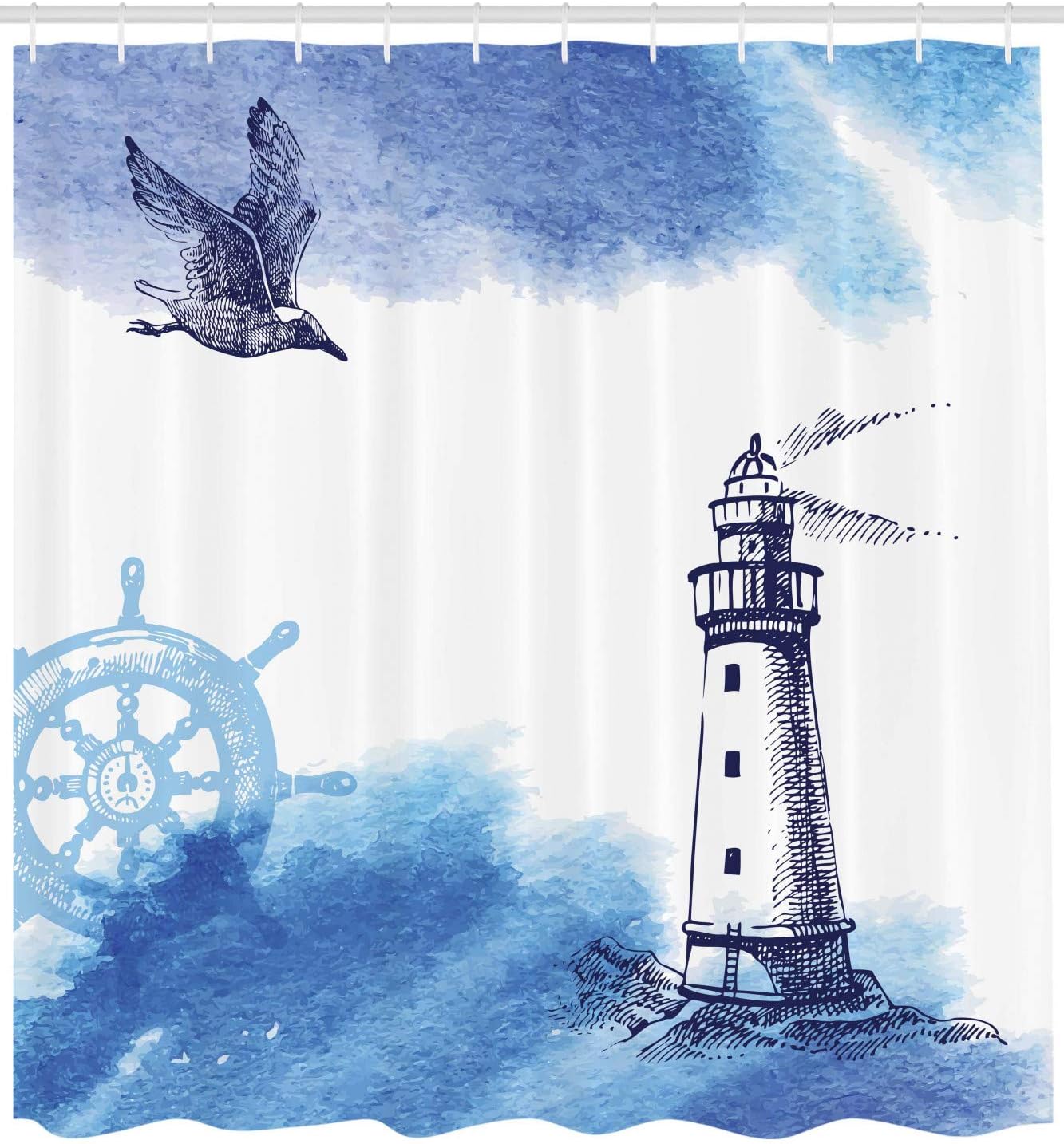 Nautical Watercolor Lighthouse Shower Curtain | Gull Anchor Tower Theme | Cloth Fabric Bathroom Decor (Blue White) - Image 2