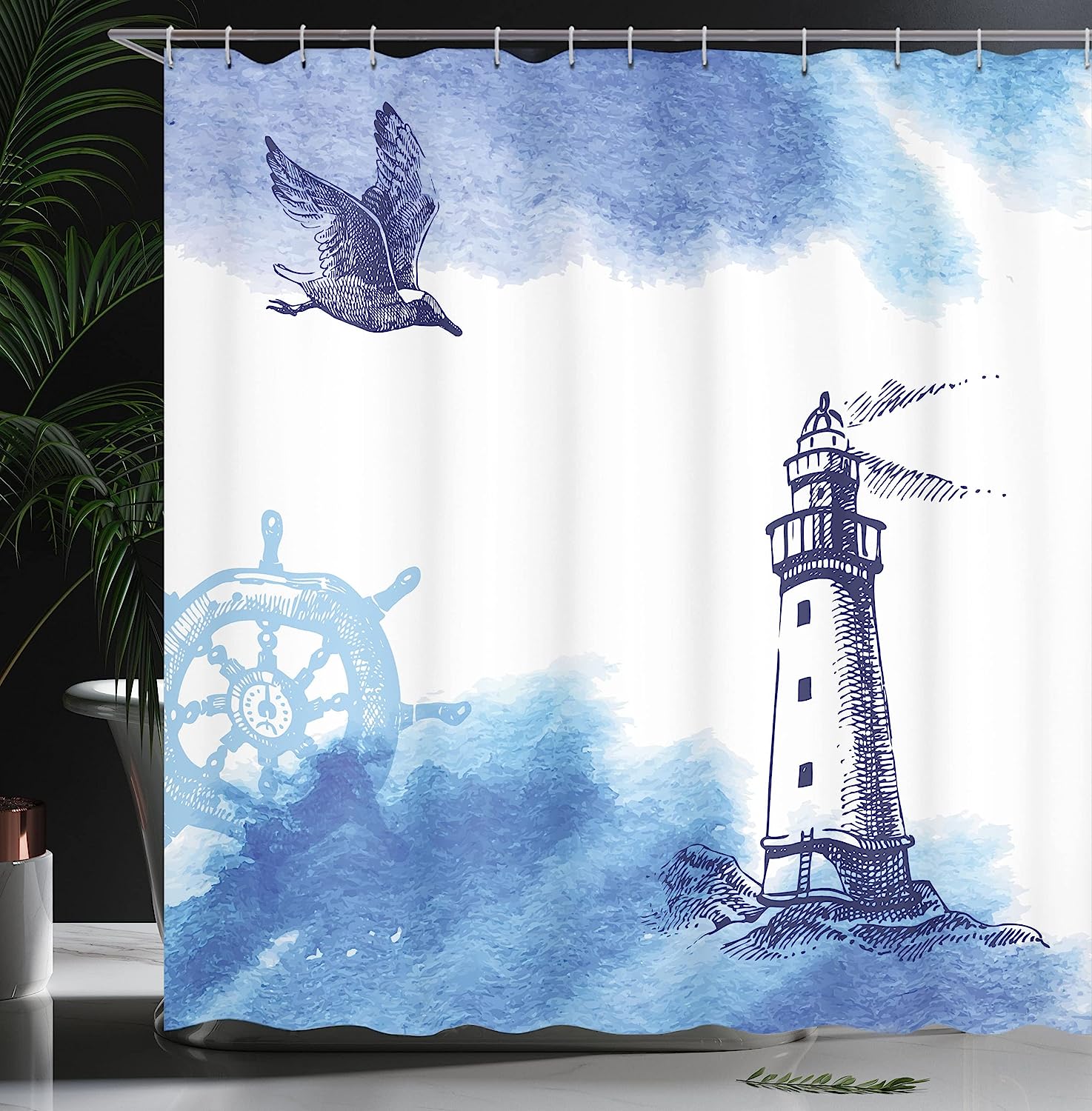 Nautical Watercolor Lighthouse Shower Curtain | Gull Anchor Tower Theme | Cloth Fabric Bathroom Decor (Blue White) - Image 3