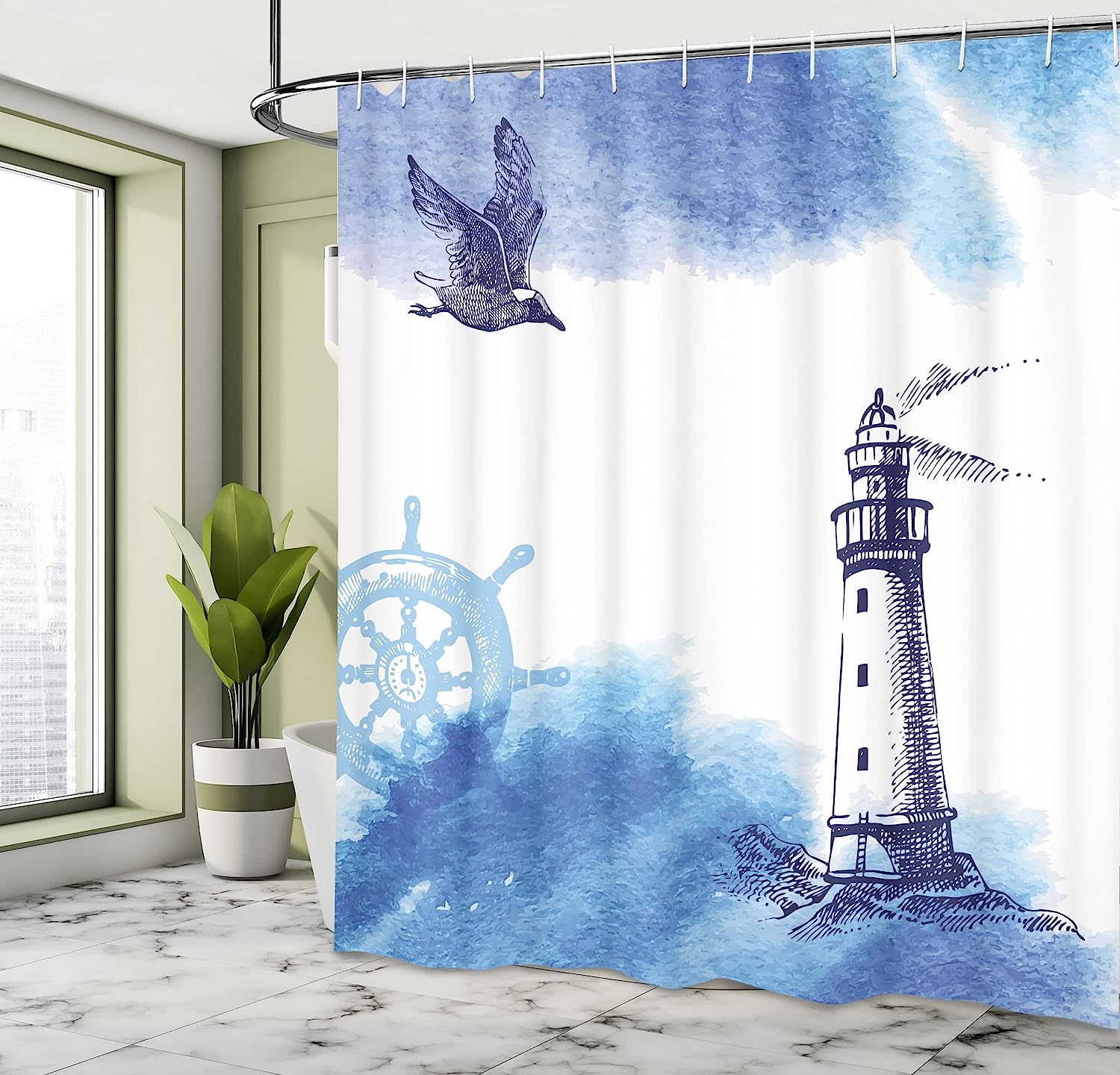 Nautical Watercolor Lighthouse Shower Curtain | Gull Anchor Tower Theme | Cloth Fabric Bathroom Decor (Blue White) - Image 4