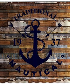 Nautical and Rustic Anchor Shower Curtain with Printed Wooden Planks for Ocean Beach Theme