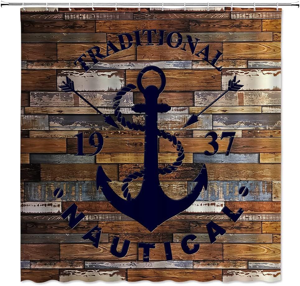 Nautical and Rustic Anchor Shower Curtain with Printed Wooden Planks for Ocean Beach Theme