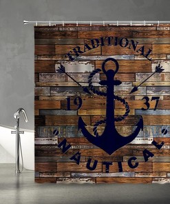 Nautical and Rustic Anchor Shower Curtain with Printed Wooden Planks for Ocean Beach Theme