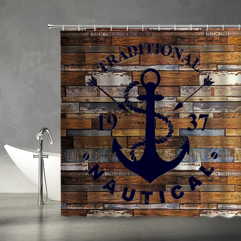 Nautical and Rustic Anchor Shower Curtain with Printed Wooden Planks for Ocean Beach Theme