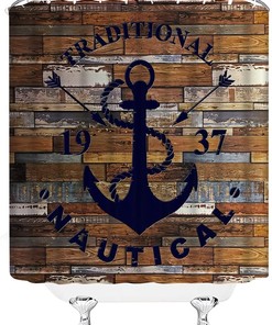 Nautical and Rustic Anchor Shower Curtain with Printed Wooden Planks for Ocean Beach Theme