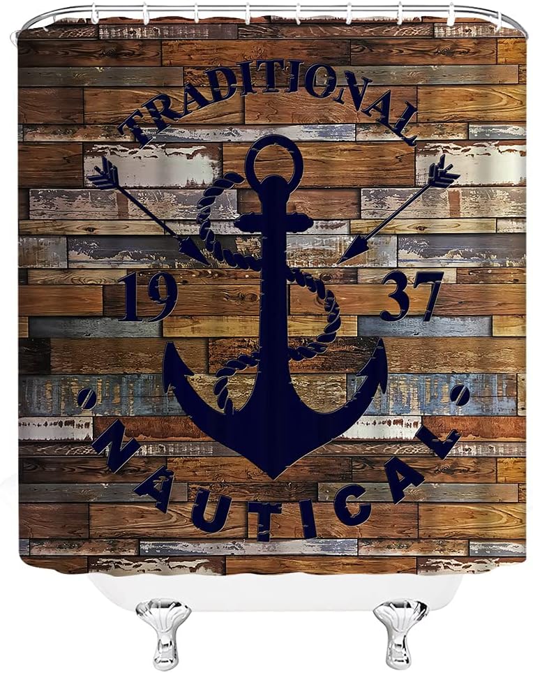 Nautical and Rustic Anchor Shower Curtain with Printed Wooden Planks for Ocean Beach Theme