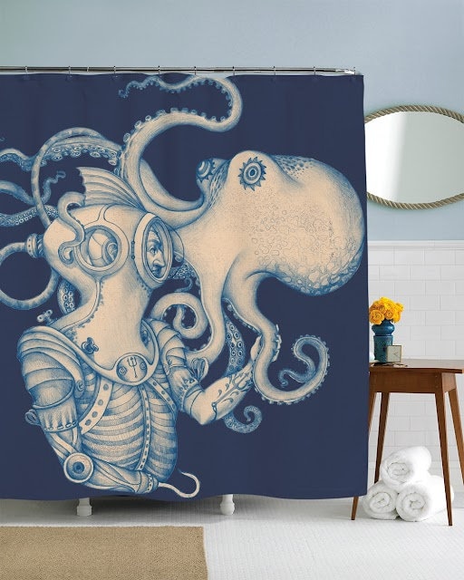 Nautical and Steampunk Kraken Shower Curtain for Bath Decor.
