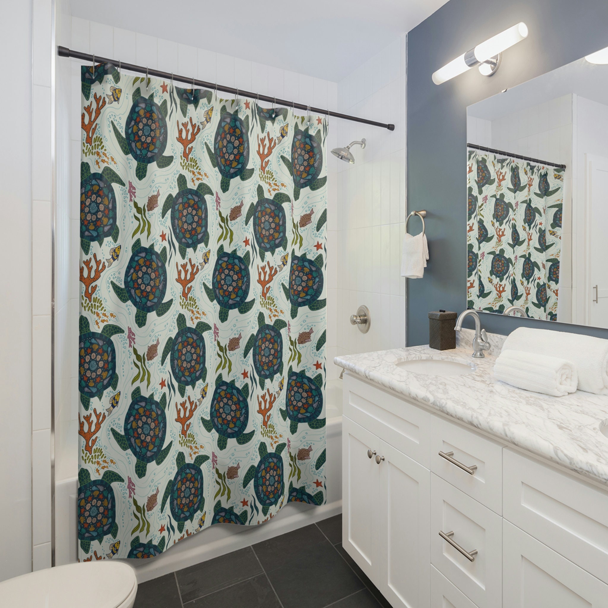 Nautical-Themed Shower Curtain Featuring Sea Turtle for Coastal Bathroom Decor