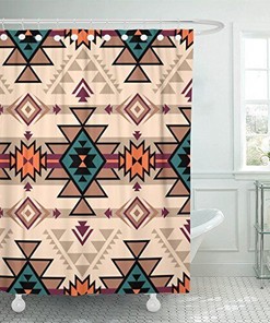 Navajo Aztec Fancy Abstract Geometric Shower Curtain Bundle - Pink Retro Color Tribal 