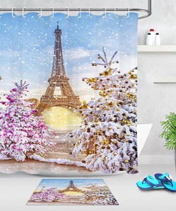 Navidad Torre Eiffel Tela Nieve Glass Designed Waterproof Fabric Shower Curtain