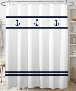 Navy Anchor Nautical Shower Curtain - Blue And White Striped Bath Curtain With Water Resistant Fabric