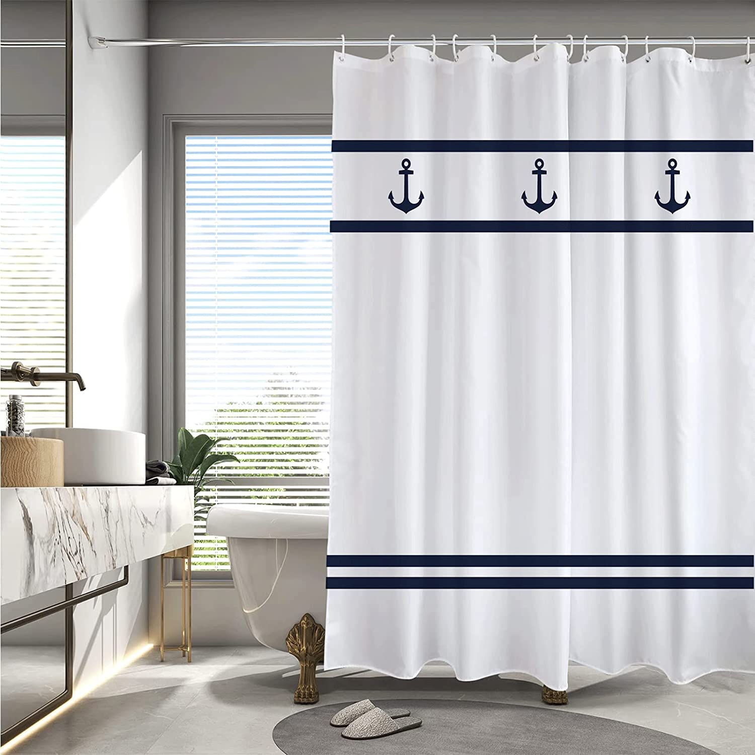 Navy Anchor Nautical Shower Curtain - Blue And White Striped Bath Curtain With Water Resistant Fabric - Image 2