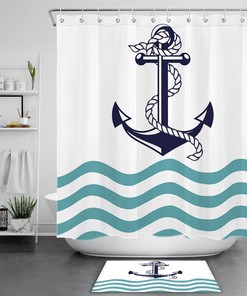 Navy Anchor Shower Curtain - Abstract Sea Water Bathroom Accessory