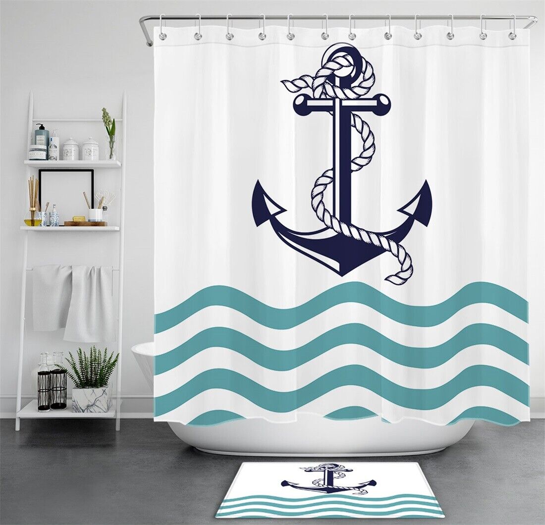 Navy Anchor Shower Curtain - Abstract Sea Water Bathroom Accessory