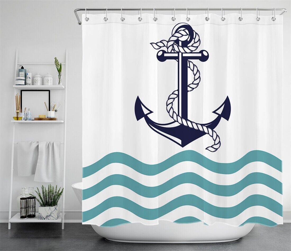 Navy Anchor Shower Curtain - Abstract Sea Water Bathroom Accessory - Image 2
