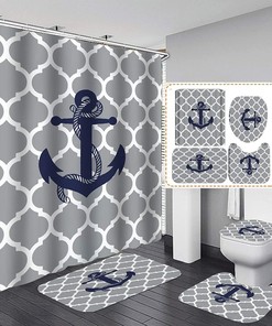 Navy Anchor Shower Curtain For Beach House Bathroom Decor
