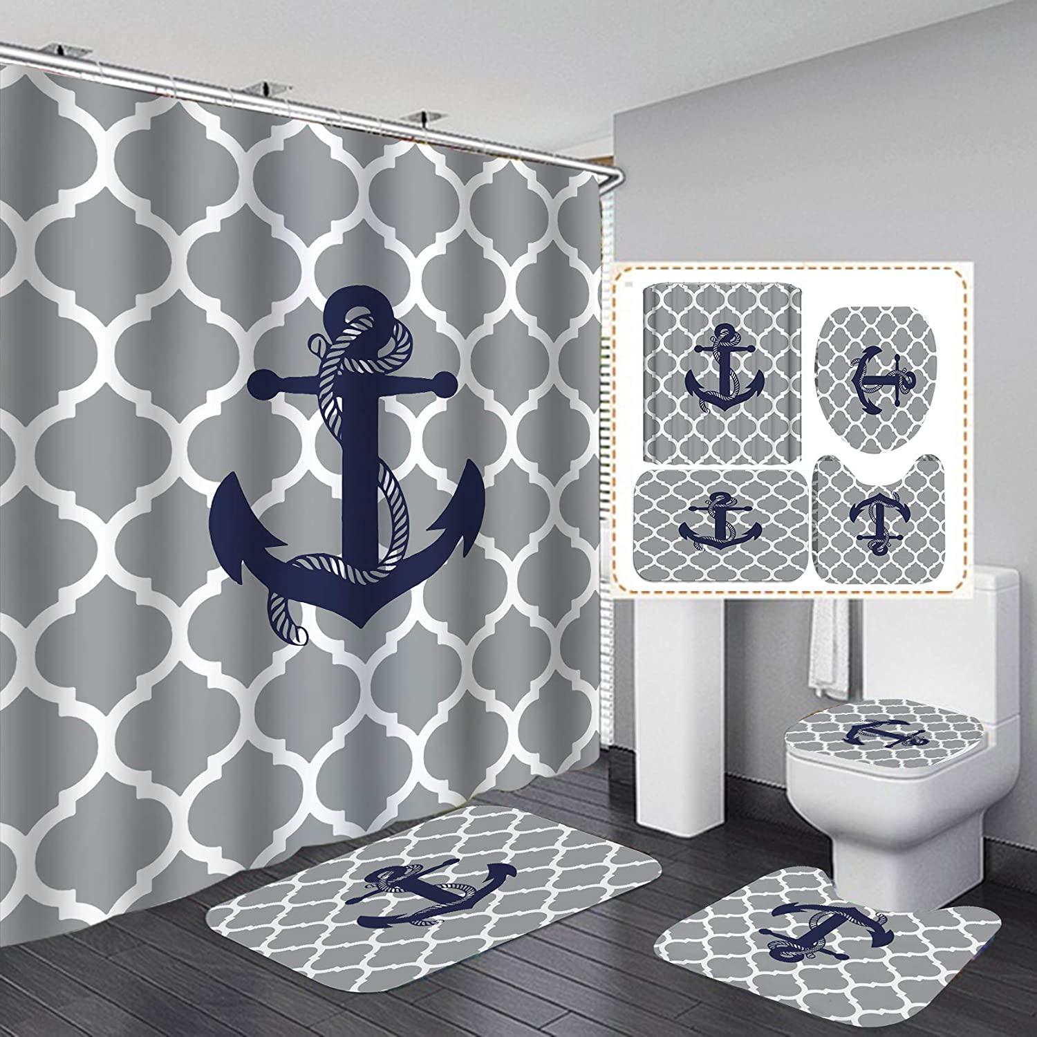 Navy Anchor Shower Curtain For Beach House Bathroom Decor