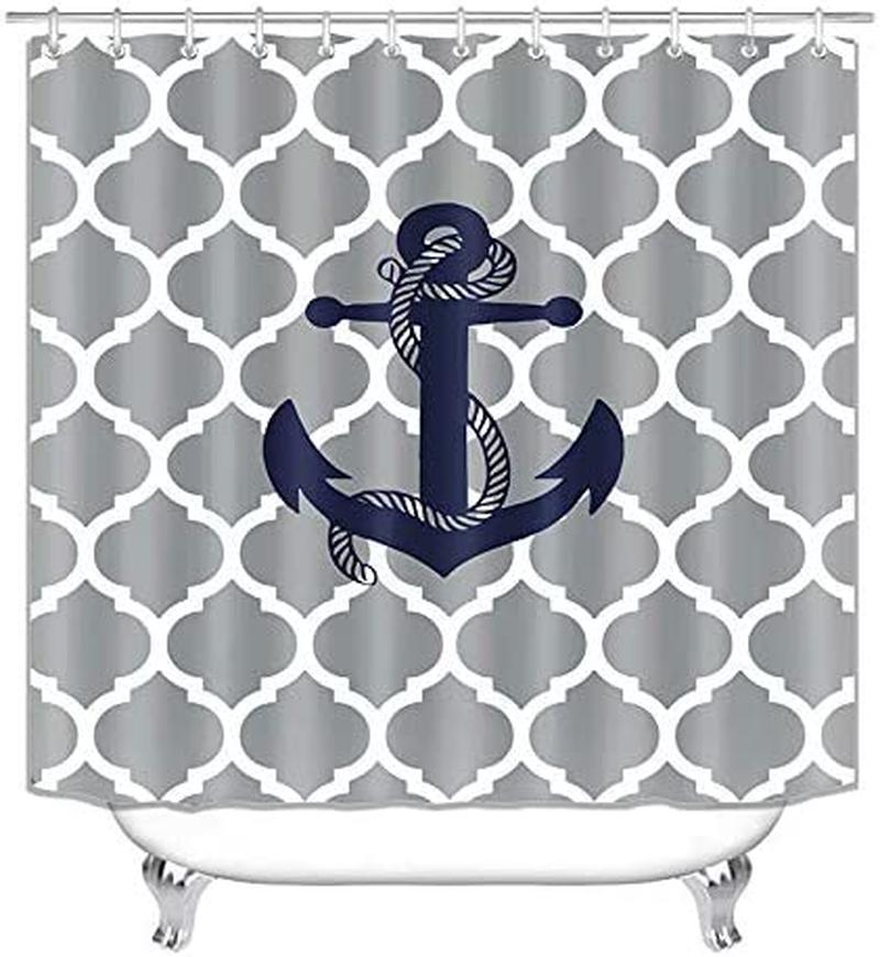 Navy Anchor Shower Curtain For Beach House Bathroom Decor - Image 2