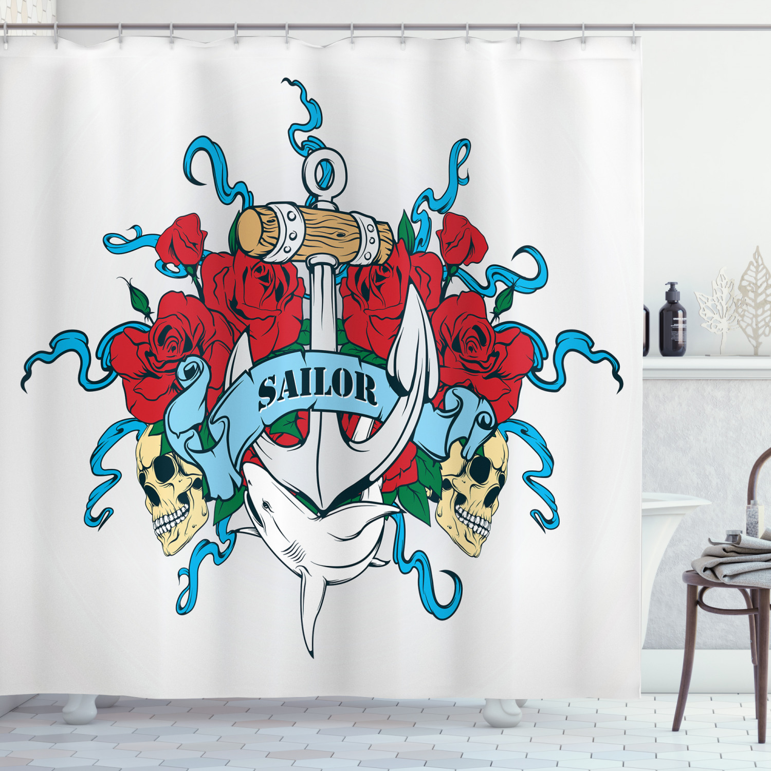 Navy Anchor Skeleton Bones Roses Bouquet Wildlife Dolphin Shower Curtain