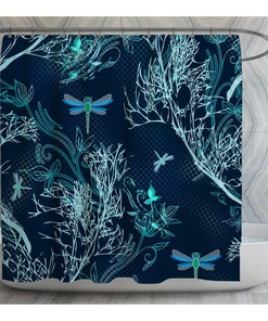 Navy And Teal Blue And Green Dragonflies And Branches Shower Curtain For Bathroom Decor With Insect Line Design